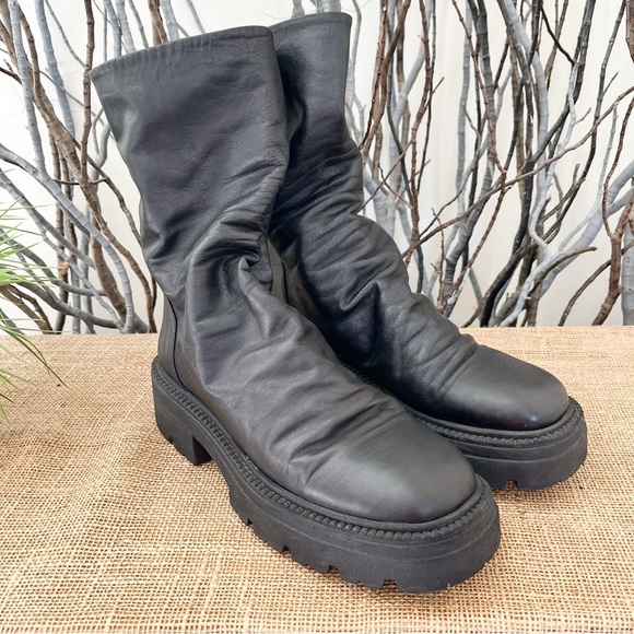 Free People Emma Ruche Black Leather Combat Boots Size 10 - Picture 4 of 14